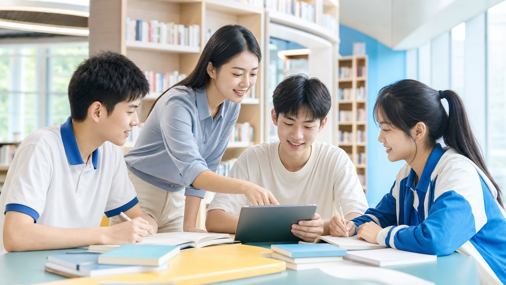 教师和学生围坐协作学习